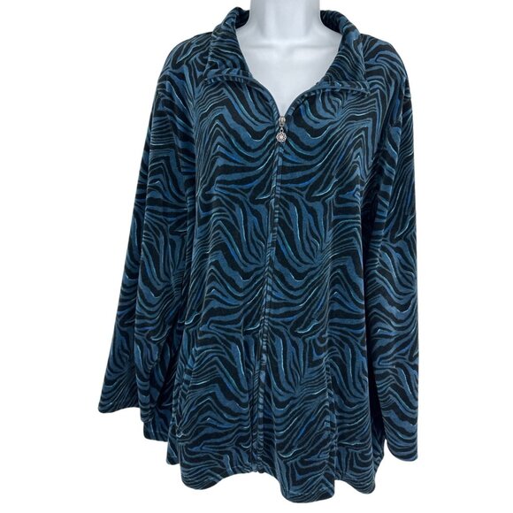Catherines Blue Black Velvet Full Front Zip Zebra Mock Neck Jacket Women's Sz 2X - Picture 1 of 8